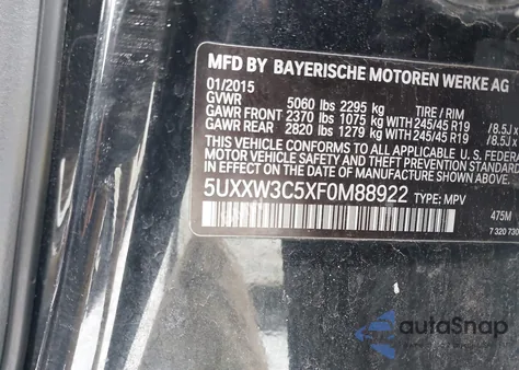 2015 BMW X4 xDrive28I из США, поврежденный, VIN 5UXXW3C5XF0M88922